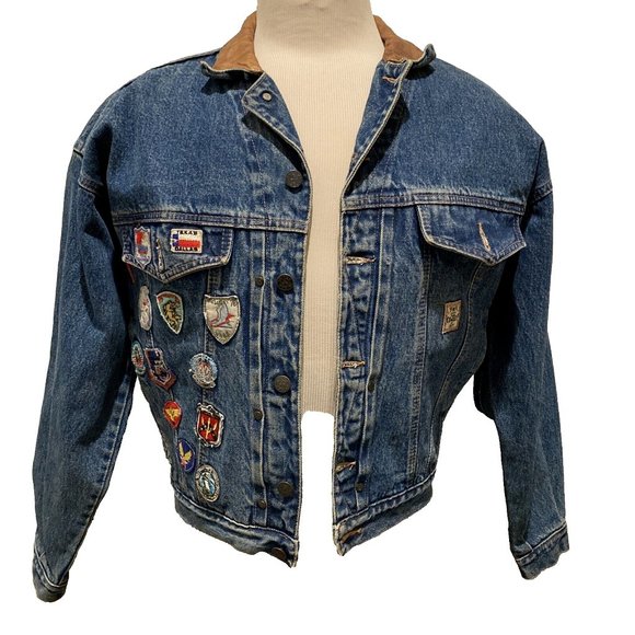 VINTAGE AVIREX DENIM BOMBER JACKET WITH A LEATHER COLLAR COWBOYS OF THE SKY RARE - Picture 1 of 12